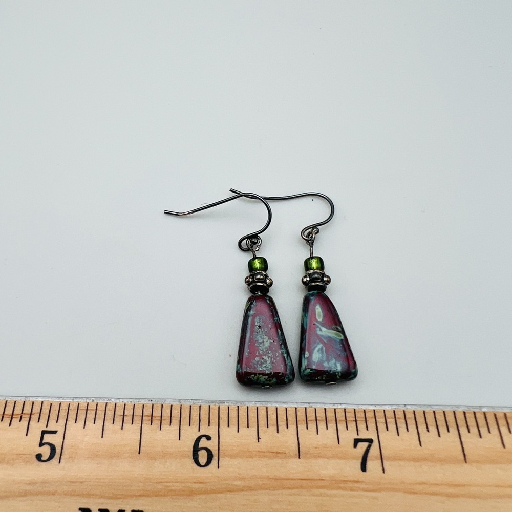 Dangle Earrings Iridescent Glass Drop Black Pink Green Artisan Boho Abstract - Picture 3 of 7
